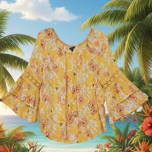 UNIQUE SPECTRUM*YELLOW & PINK*BOHO FLORAL BELL SLEEVE BLOUSE* SIZE: L
